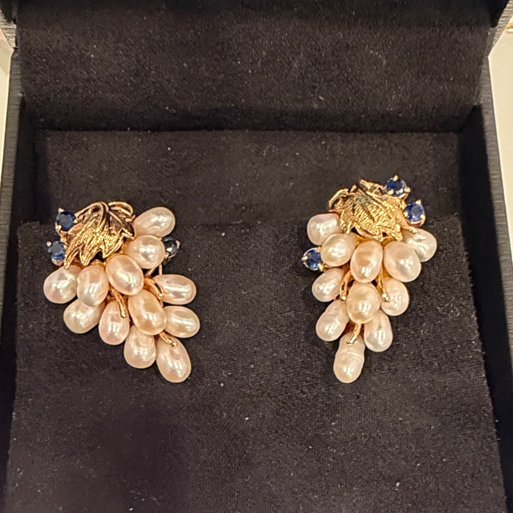 Solid 14K Gold Pearl & Sapphire Earflaps.